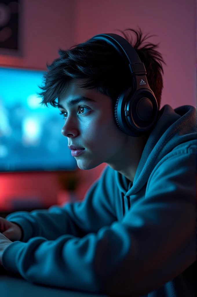 A gamer wearing headphone and playing a game and enjoying and facing front side