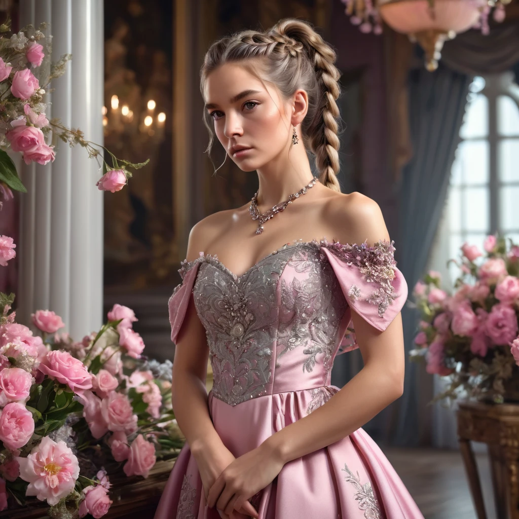 topless woman, serious, elegant, pink sundress, aristocratic, silver elements, long nails, bare shoulders, hairstyle, hair up, braid and ponytail, messy, arrogant, absurdes, detailed dress, royalty, celebration, hall decorated with flowers, cowboy shot, portrait, (best quality), (masterpiece), (highly detailed), (4k)