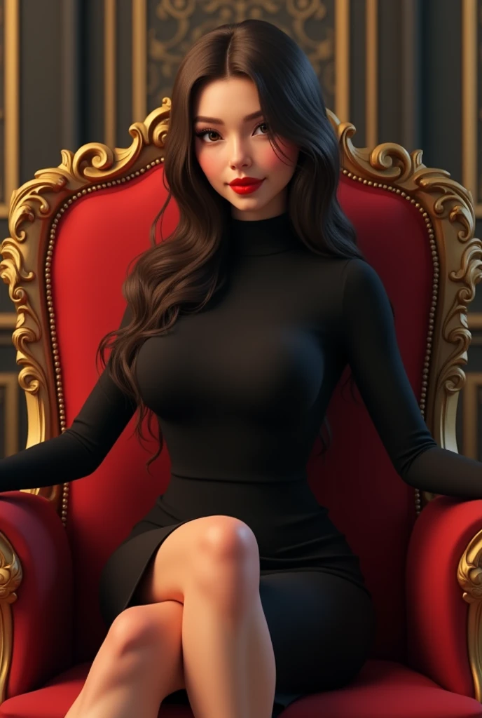Pretty 25years old girl with straight long hair wearing turtle neck black dress and red lipstick sitting in the royal chair. 3D semi animated