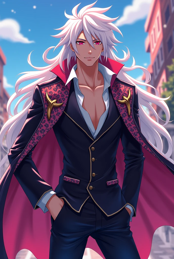 My hero academia screencap, tall boy with long white hair and pink eyes, with party clothes