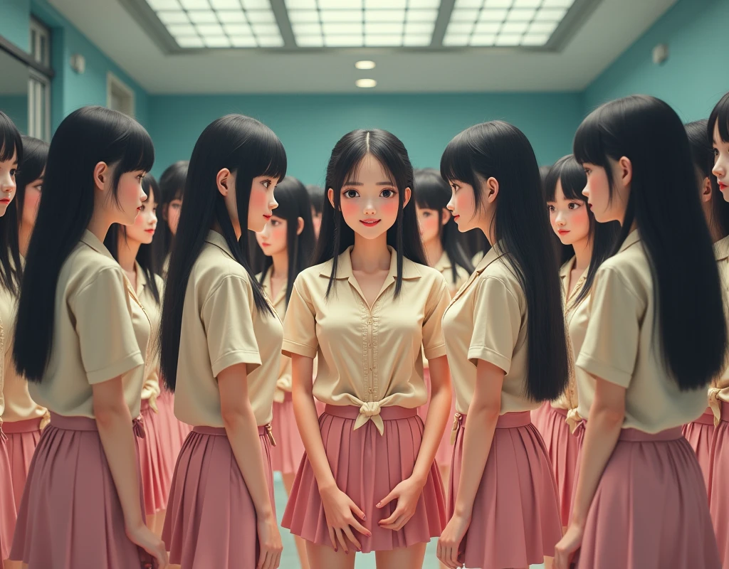 through wall, SchoolGirls wearing uniforms, PUNIPUNI Radiant PearlSkin with Transparency, no legwear, PriceTags NamePlate . (Character concept art:1.4), Different types of hair colors, (((NOGIZAKA face variations)))  Extremely Detailed very KAWAII face variations, perfect anatomy, Childish CaptivatingGaze Elaborate Pupil with (sparkling highlights:1.2), DoubleEyelids with Detailed[Voluminous LongEyelashes], Small GlossyRedLips with BeautifulDetails, CoquettishTongue, PUNIPUNI RosyCheeks  { (Dynamic Joyful Expressions LifeLike Rendering:1.4) | (:d) }, (large eyes:-1) . (Acutance:0.8) NSFW_MouthGloryHole_ownwaifu