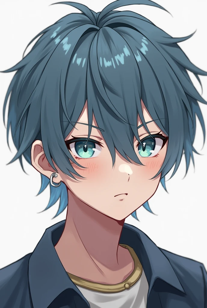 young man,blue-gray hair disheveled grooming,with locks covering her eyes,Something fat,tired look,2 earrings in one ear,black color,slightly light skin,aqua eyes