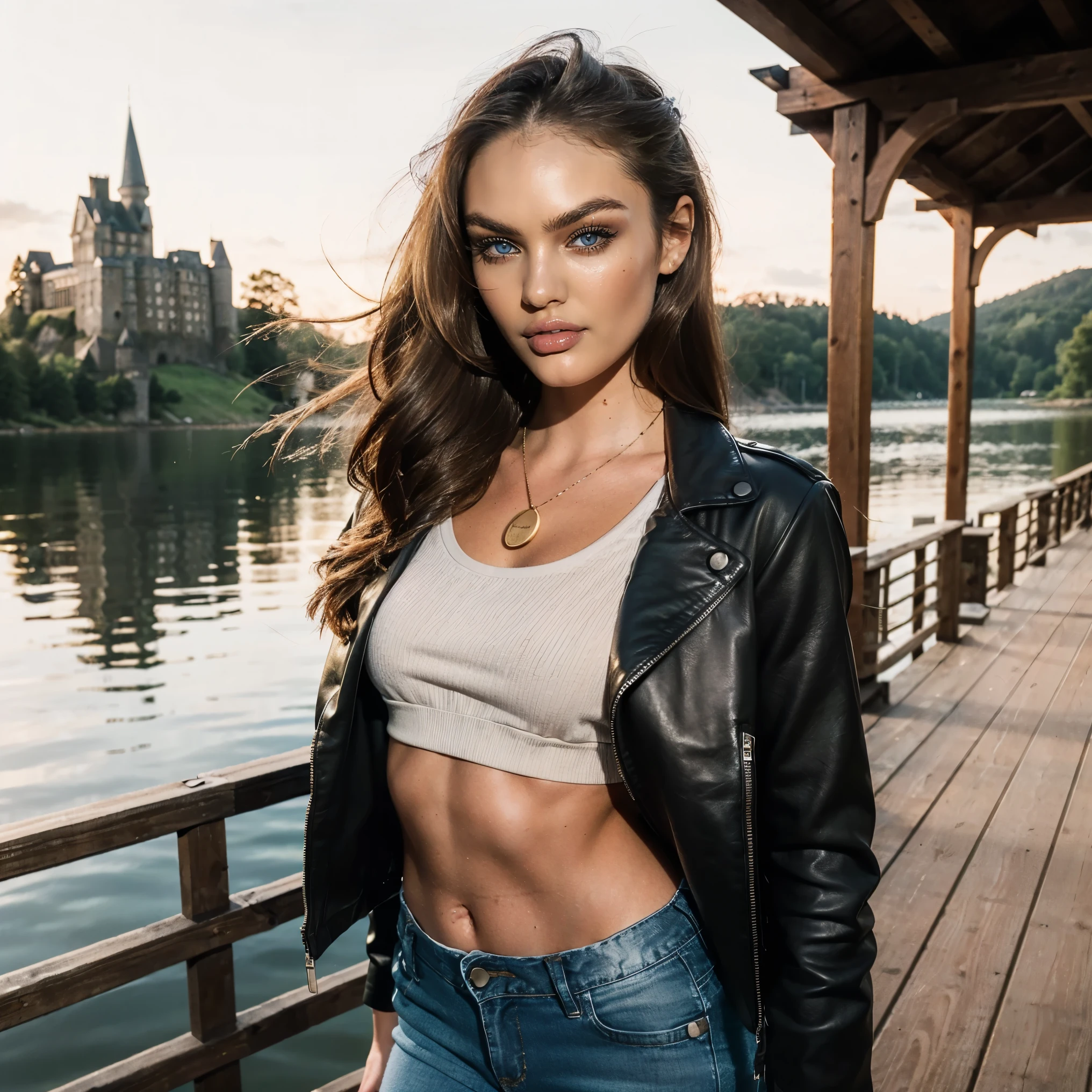 (Best Quality), (ultra-detailliert), (master piece), (hight resolution), 16K resolution, 1 woman, 20 years old, Candice Swanepoel, looking at viewer, close up shot, view from above, sassy smile, radiant smile, seductive, lustful facial expression, confident, (Her outfit includes an open black leather jacket, which is both sleek and contemporary. The jacket's surface is smooth and pristine. It has a modern cut, emphasizing her slender figure and adding a sharp, stylish element to her attire.) wears white tanktop beneath the leather jacket, golden necklace, tight blue jeans, tight-fitting belt with golden buckle, ((blue eyes, detailed eyes)), blond hair, long wavy hair, (beautiful and detailed face), slender waist, thin body, narrow shoulders, clean sunbuthed skin,  The scene is set on the wooden dock extending over the calm lake, with Hogwarts castle visible in the distance atop a dominant hill. The surrounding environment features a lush forest bordering the gravel path that leads from the dock to the castle. Hogwarts castle, wooden dock, tranquil lake, steep hill, lush forest, gravel path.