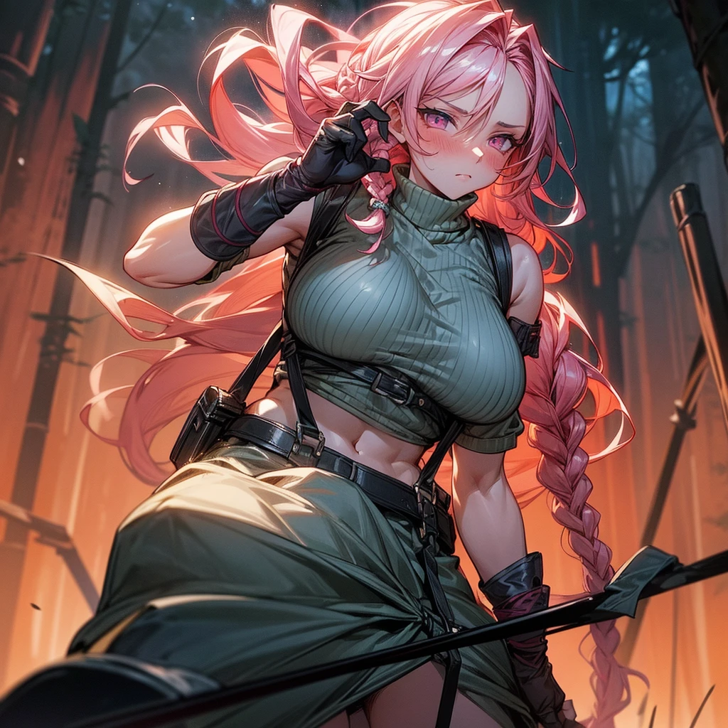 1female, sexy, big breast, young adult, finely detailed rose eyes, wild long hair, braided hair, fluorescent rose color hair, adventurer gear, suspenders, sleeveless crop top sweater, baggy combat skirt, night time, dark forest, somber expression, flowers, blushing, standing on path, lanturns, black armband, mma gloves
