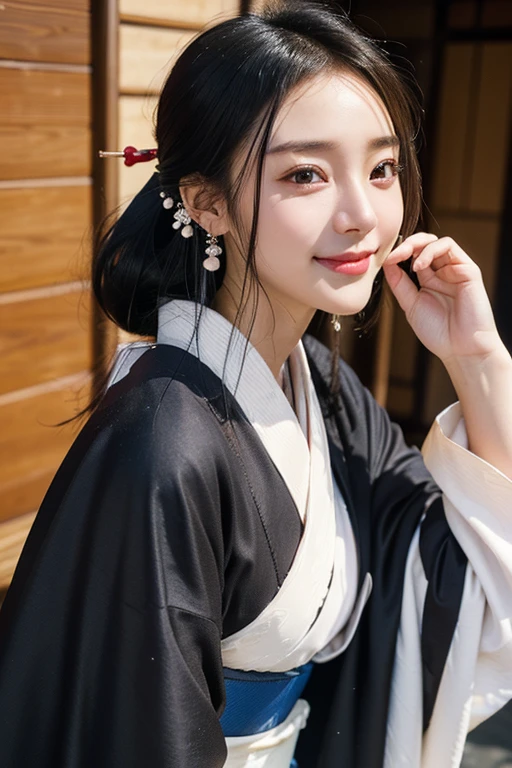 (2 pure Japanese girl,), (Small breasts:1.5,),(solo,,Textured skin, Detailed skin,Detailed face,Detailed eyes,detailed posing,Natural eyebrows,Sparkling Eyes,High detail, Highest quality, Super detailed, Surrealism, ,8k,RAW Photos,Photographicism,Professional Lighting,Ray Tracing,Portrait Photography,Soft Light),(((Black Hair, Natural Makeup,Simple earrings, Tying up hair, smile))),(((Long-sleeved kimono,kimono,Walking around Kawagoe)))
