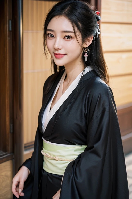 (2 pure Japanese girl,), (Small breasts:1.5,),(solo,,Textured skin, Detailed skin,Detailed face,Detailed eyes,detailed posing,Natural eyebrows,Sparkling Eyes,High detail, Highest quality, Super detailed, Surrealism, ,8k,RAW Photos,Photographicism,Professional Lighting,Ray Tracing,Portrait Photography,Soft Light),(((Black Hair, Natural Makeup,Simple earrings, Tying up hair, smile))),(((Long-sleeved kimono,kimono,Walking around Kawagoe)))