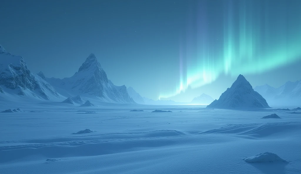 A remote Arctic tundra under the pale light of the northern twilight. The landscape is vast and desolate, with endless stretches of snow and ice. The sky is a deep indigo, with the faint glow of the Aurora Borealis illuminating the horizon. Icebergs are visible in the distance, floating in a frozen sea. The cold, stark beauty of the scene is emphasized by the untouched snow and the quiet solitude of the Arctic wilderness.