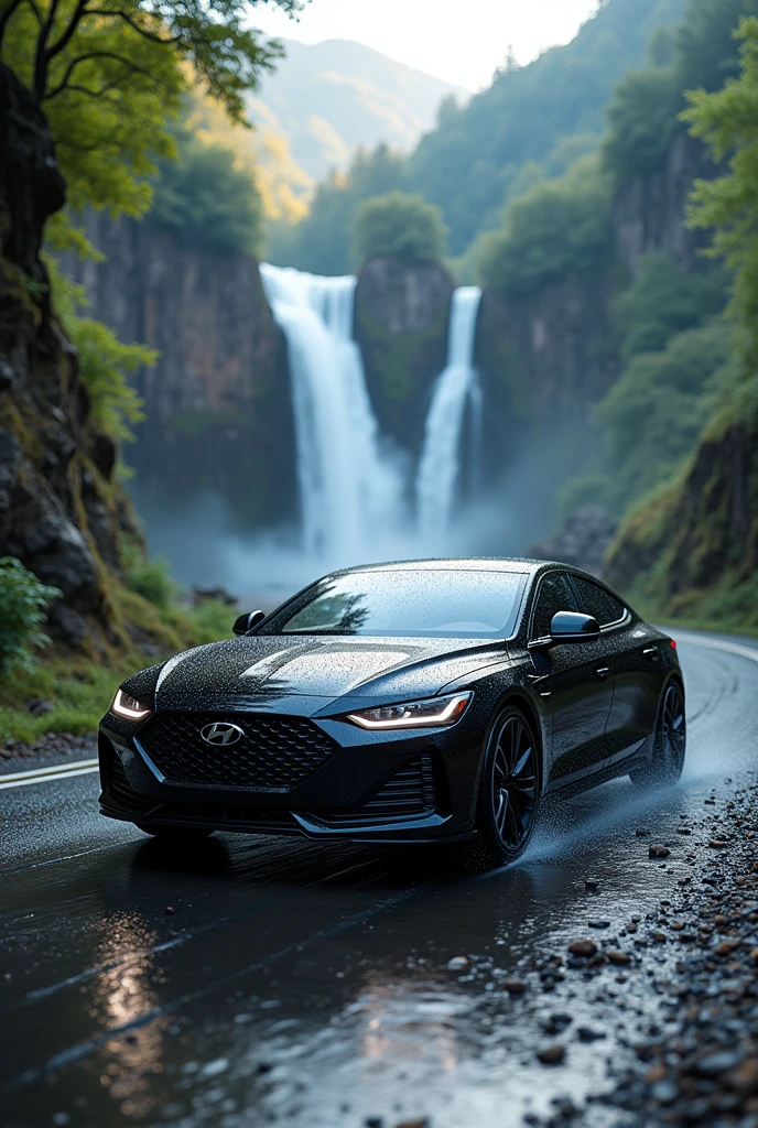 Hyundai Varna black colour with water fall on road driving 