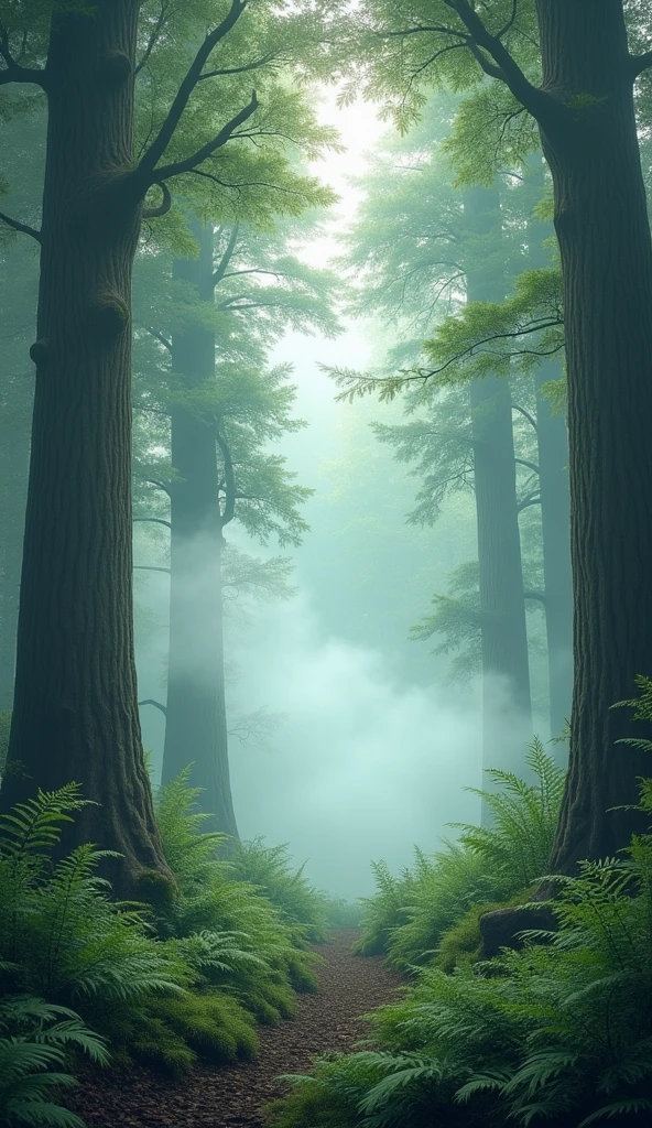 A peaceful forest with morning mist.