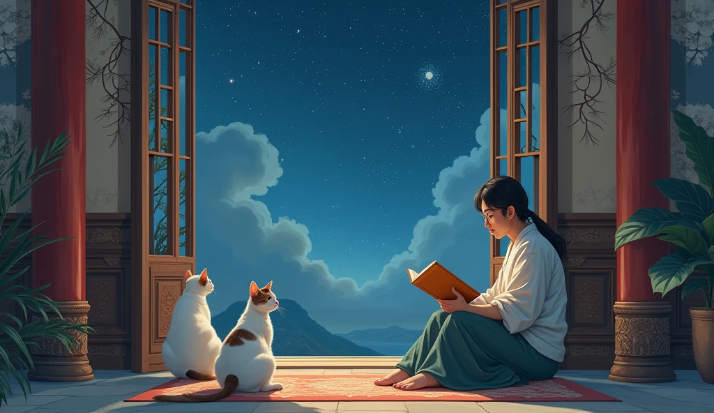 give me 2 cats seeing the Asian owner sitting reading a book with the window of the ancient temple open in the beautiful night in the sky