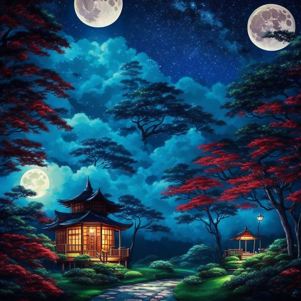 Full moon night、Over the mysterious forest、My Neighbor Totoro is flying through the sky with a red umbrella. The sky is full of stars.