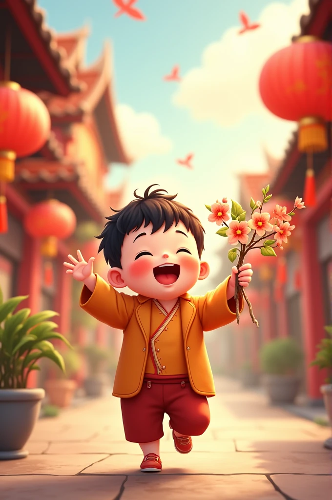 Draw me a picture , chubby boy , go out for Tet holding apricot blossom