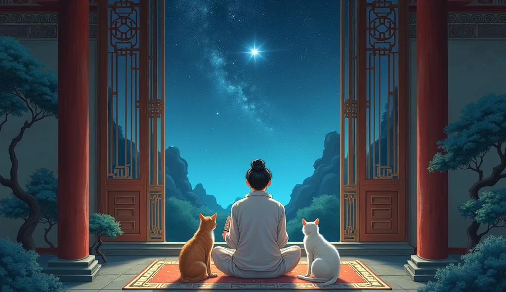 give me 2 cats seeing the Asian owner sitting reading a book with the window of the ancient temple open in the beautiful night in the sky