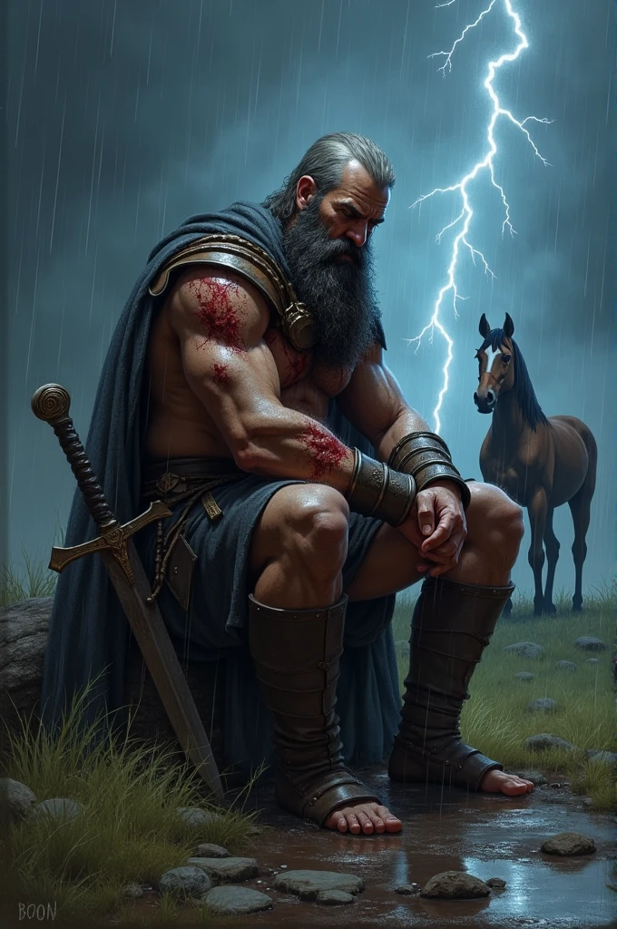 A great strong warrior finished a war.  but he was tired he sitting with his knees with his sword . It was a very raining night. Lighting the sky. A horse standing behind the warrior. You are injured blood flowing his body. He was Brave