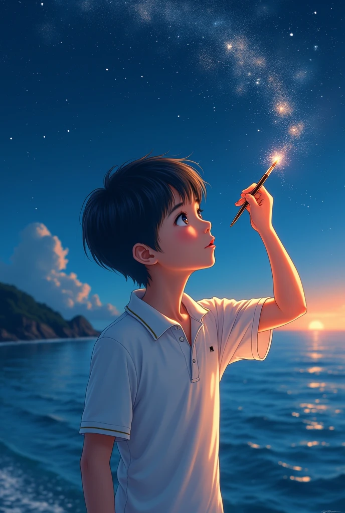 “japanese boy”, “looking up at sky”, “holding paint brush, “painting sky”, “white polo shirt”, “by the ocean”, “night time”, “light shining from brush”, “sparkles exploding from brush”, “warm and cold”