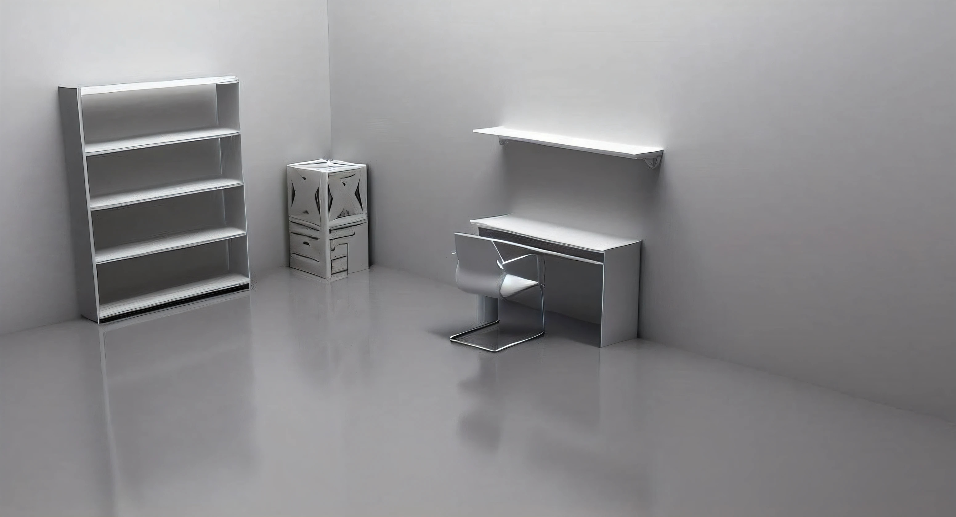 The white-walled room has a table and shelves, minimalist desk, Product rendering, minimalist home office, minimalist furniture, 3d minimalistic, simplistic design, product design render, 3 d product render, flat minimalistic, clean 3 d render, furniture concept photo!!, very realistic 3 d render, photographic render, 3d minimalistic art, desks