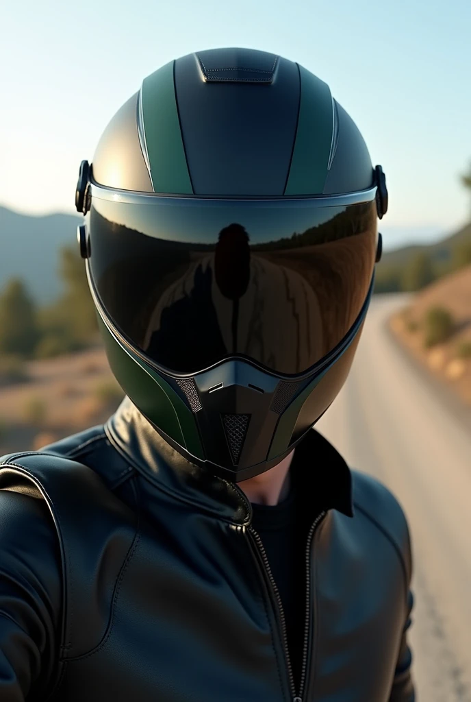 (photorealism:1.2), A selfie of a man wearing a black full-face motorcycle helmet with dark green details,polarized visor.. The scene takes place outdoors, in natural daylight, with an open landscape in the background showing distant trees and hills, dirt road,Black leather jacket with mao collar