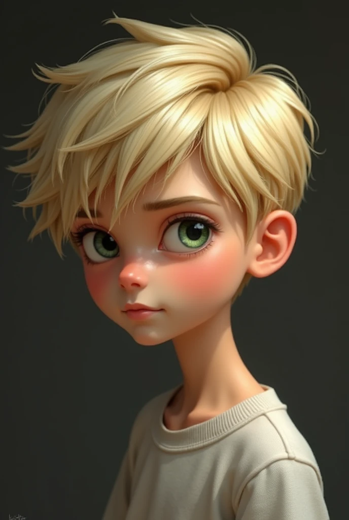 skinny boy with straight blonde hair, green hazel eyes, chisled facial features,