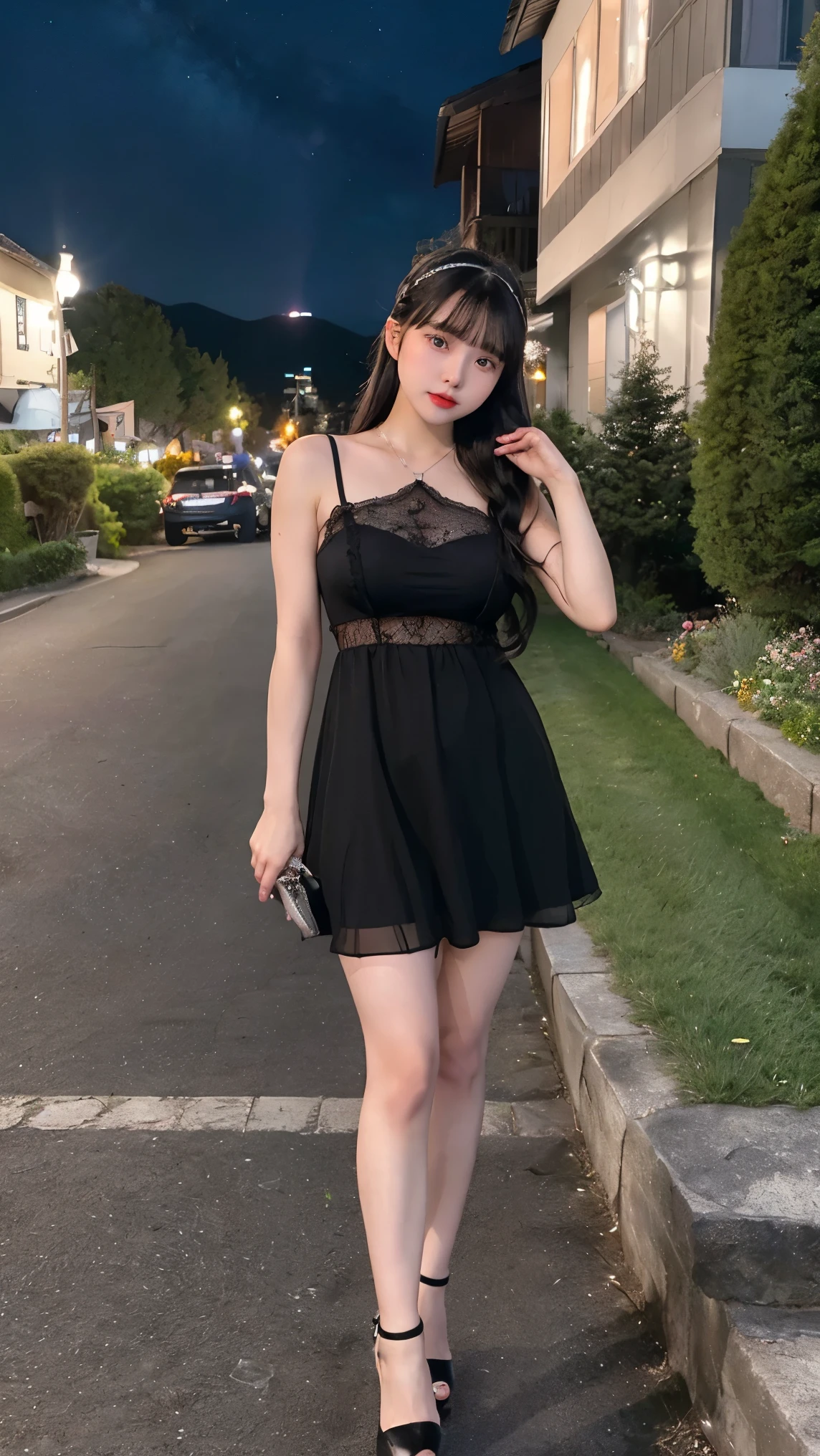 1 Girl, Beautiful, , 20 Years Old, shiny snow White Skin, Large Breasts, Black Mini Lace Babydoll Dress, ((muscles:1.1)), ((thin)), ((Night Mountain Outdoor)), Sexy Look, Girly Pose, Grey Hair Bangs, Silver Twintail, ((adorable:1.1)), ((masterpiece:1.1)), Cute Face, ((Nightly:1.3)), Black Coloured, ((standing tightly)), ((whole body)), ((transparrent glass heels shoes))