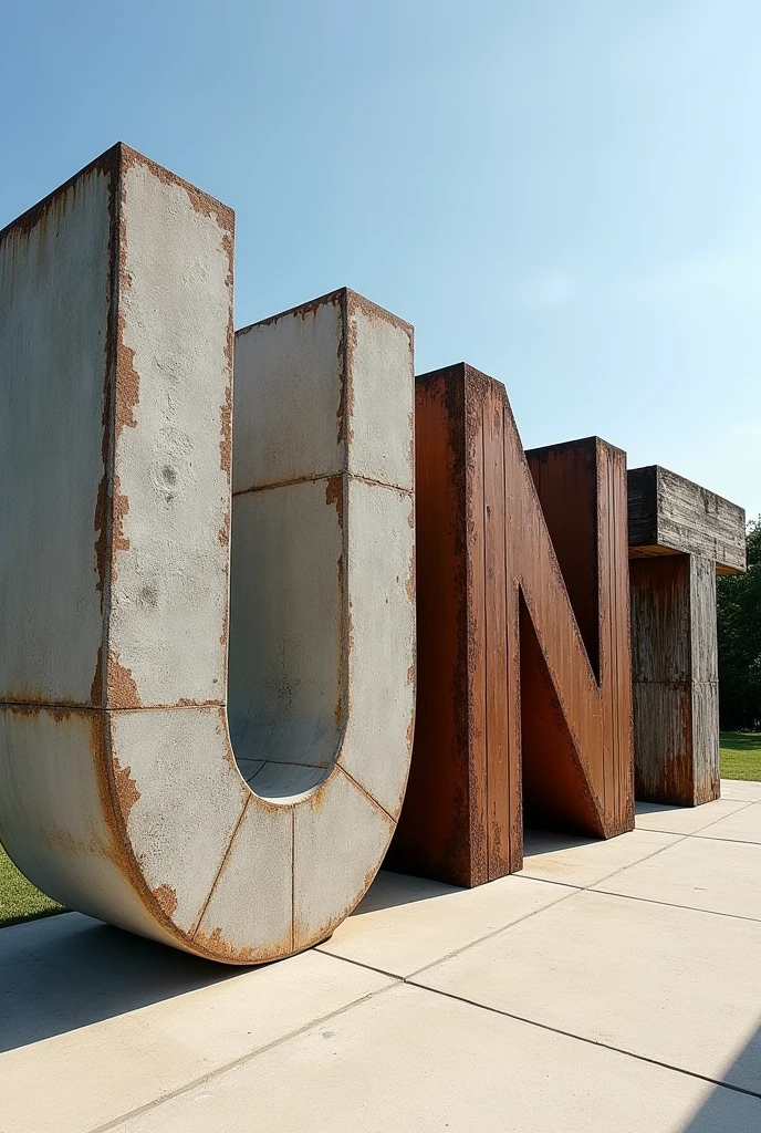 I want an image of giant letters that form the word &#39;UNT&#39; in capital letters, where each letter is made of a different material: the &#39;U&#39; of concrete, the &#39;N&#39; of old metal, and the wooden &#39;T&#39;. The concrete &#39;U&#39; has a robust and textured appearance, with cracks and a worn finish. The old metal &#39;N&#39; has a rusty look, with a brown and gray color, showing signs of aging. The wooden &#39;T&#39; is made of planks, with visible veins and a rustic finish. The letters are placed on a flat surface outdoors facing forward., maybe in a patio or garden, with a clear sky in the background. The lighting is natural, highlighting the textures and details of each material.