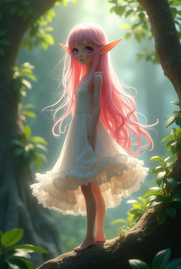 Beautiful girl standing on a tree、Dress、Fluffy frilly lace、Slender Body、An innocent smile、Pink Hair、Hollow eyes、A beautiful girl standing quietly、Deep purple eyes、Elf Ears