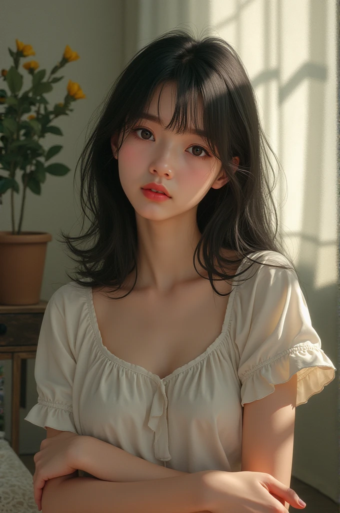 Create a self-portrait of a person in a quiet, peaceful environment, such as a cozy room or a serene outdoor space. The person has a soft, introspective expression, with their eyes slightly downcast or gazing into the distance. They are in a relaxed, slightly withdrawn pose, either seated or standing, with their arms close to their body. The lighting is soft and natural, casting gentle shadows. Use muted, earthy tones or cool pastel colors to create a calm and serene mood."