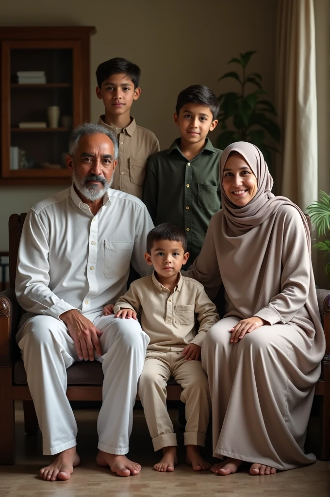 photo of a family containing 5 people dressed in Muslim clothing, 3 people sitting on chairs, the father who is 50 years old sits on the far left, in the middle sits the son who is still a toddler aged 4 years, on the far right sits his 3 mother wearing a hijab, behind them standing two boys, one and the other 1