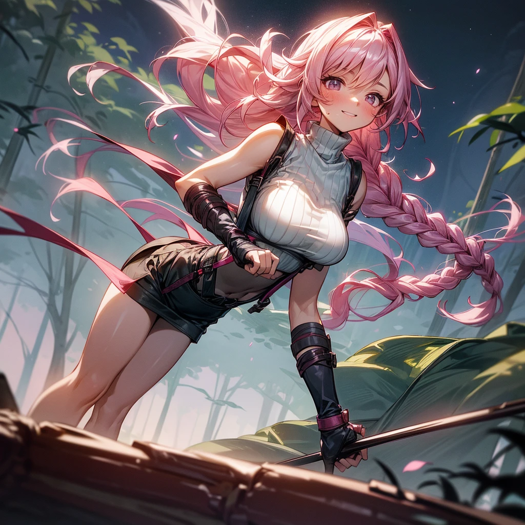 1female, sexy, big breast, young adult, finely detailed rose eyes, wild long hair, braided hair, fluorescent rose color hair, adventurer gear, suspenders, sleeveless crop top sweater, baggy combat skirt, night time, dark forest, happy expression, flowers, blushing, standing on path, lanturns, black armband, mma gloves