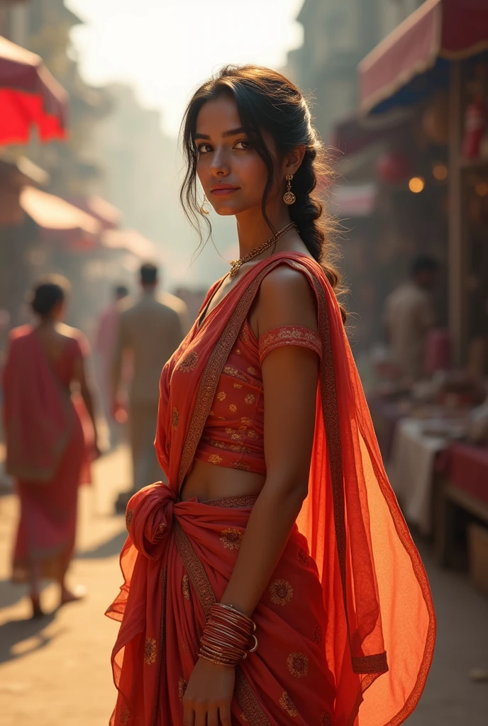 A beautiful woman stand on a crowd market age 25 wear a salwar kameez and dupatta