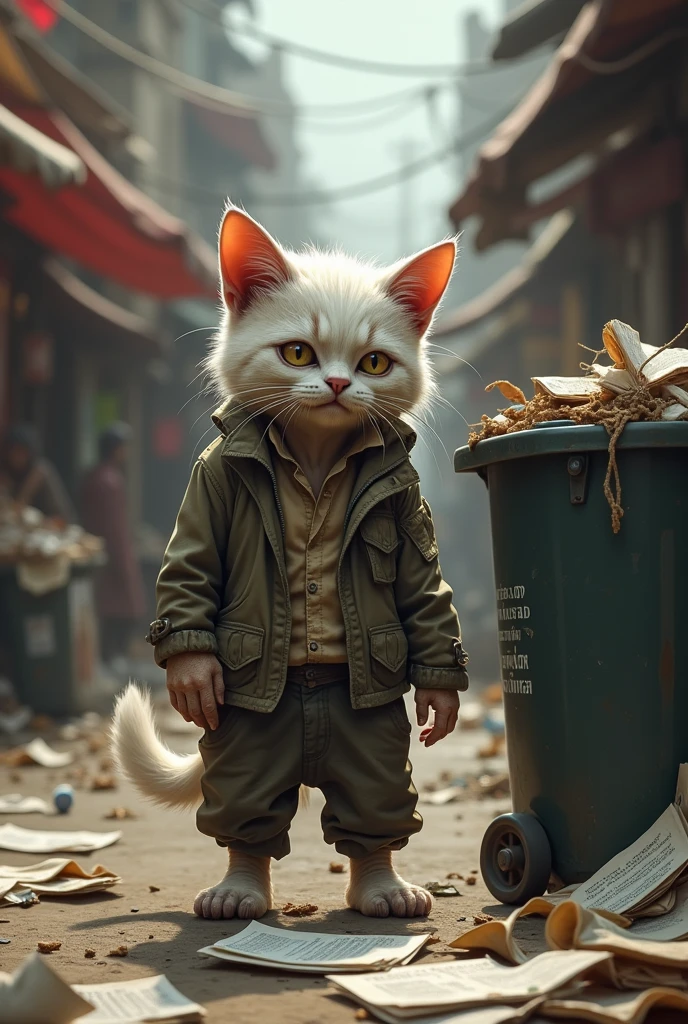 A white poor cat in clothes find papers near a garbage can in the market.