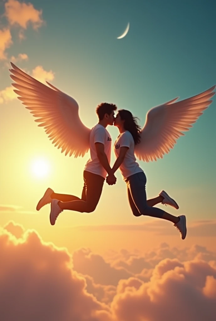 A 20 year's old couple flying in the sky with wings, and kissing, "Akash" name on the boy tshirt, and "Pooja" name on the girl tshirt, and left side sun and right side moon, 4k quality image.