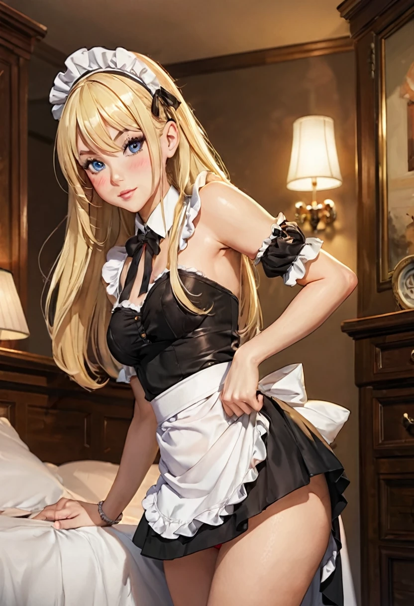 A beautiful sexy maid blonde girl.、Showing off her panties、mini skirt、Not wearing a bra、The dust sparkles、Blushing、Open-chested maid outfit、See-through clothing、I&#39;ll show you how to roll up your panties with my own hands、White panties、shame