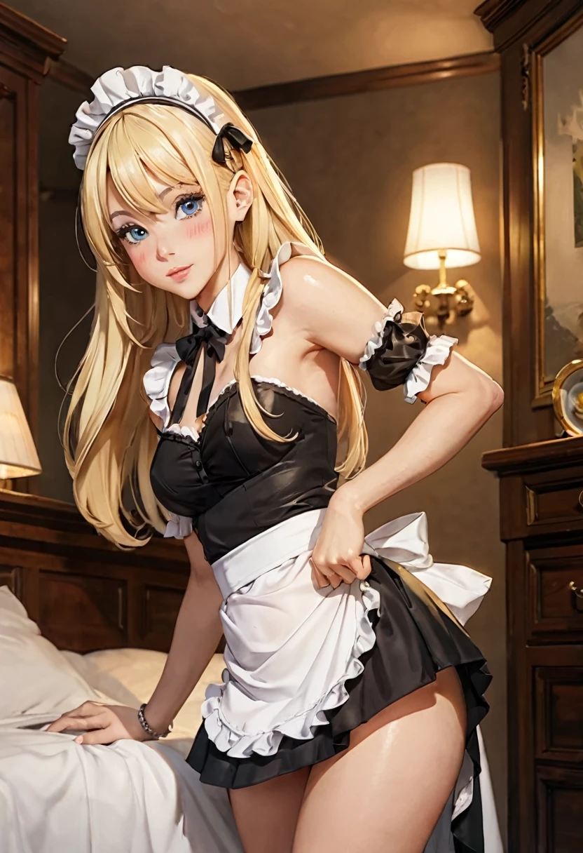 A beautiful sexy maid blonde girl.、Showing off her panties、mini skirt、Not wearing a bra、The dust sparkles、Blushing、Open-chested maid outfit、See-through clothing、I'll show you how to roll up your panties with my own hands、White panties、shame
