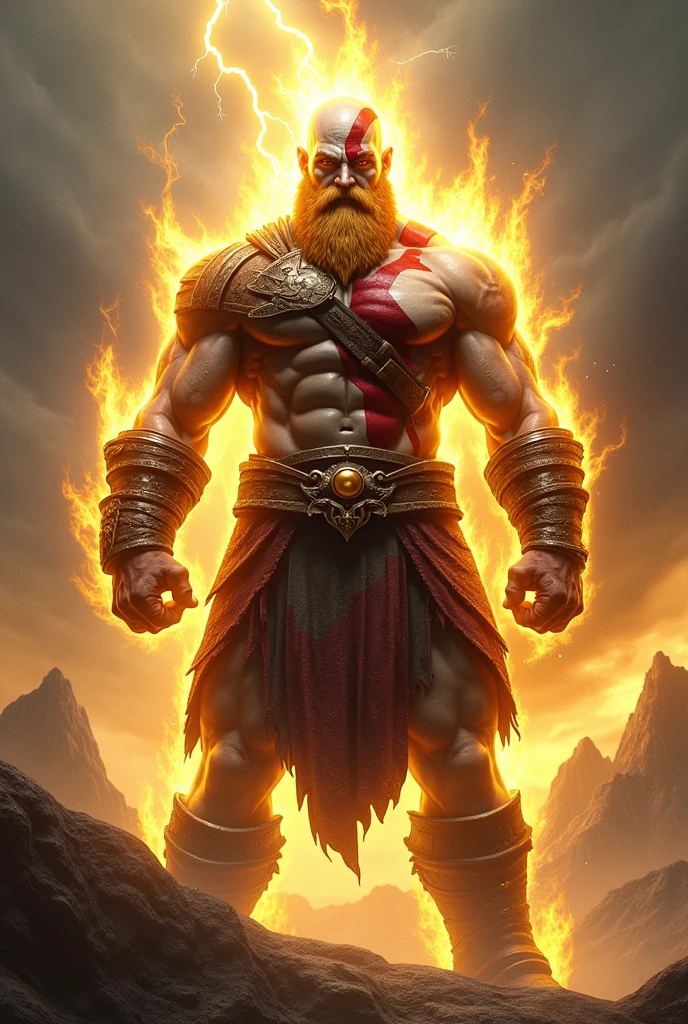 God of War Kratos, with super Sayayin aura, and yellow beard