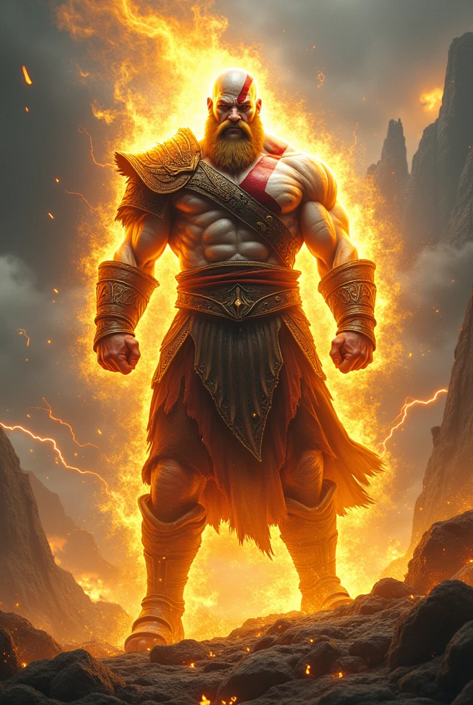God of War Kratos, with super Sayayin aura, and yellow beard 