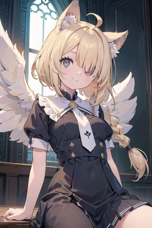 (masterpiece:1.2), (Highest quality:1.2), Perfect Eyes, Perfect Face, Perfect lighting, Cathedral uth,blonde Upper Body, Big Breasts Red Eye, ((((((Hair on one eye,)))))), Braid, Braiding, Spiked Hair, Blunt bangs, Bob Hair, Ahoge, Cute eyes, Mid-chest, , (((From below))), Mouth closed, Vivid depiction,orgasm, I was scared, Ahegao, smile+Happy, teeth, anger, From the side, dress, Sitting, Put your arms behind your back, Angel Wings
