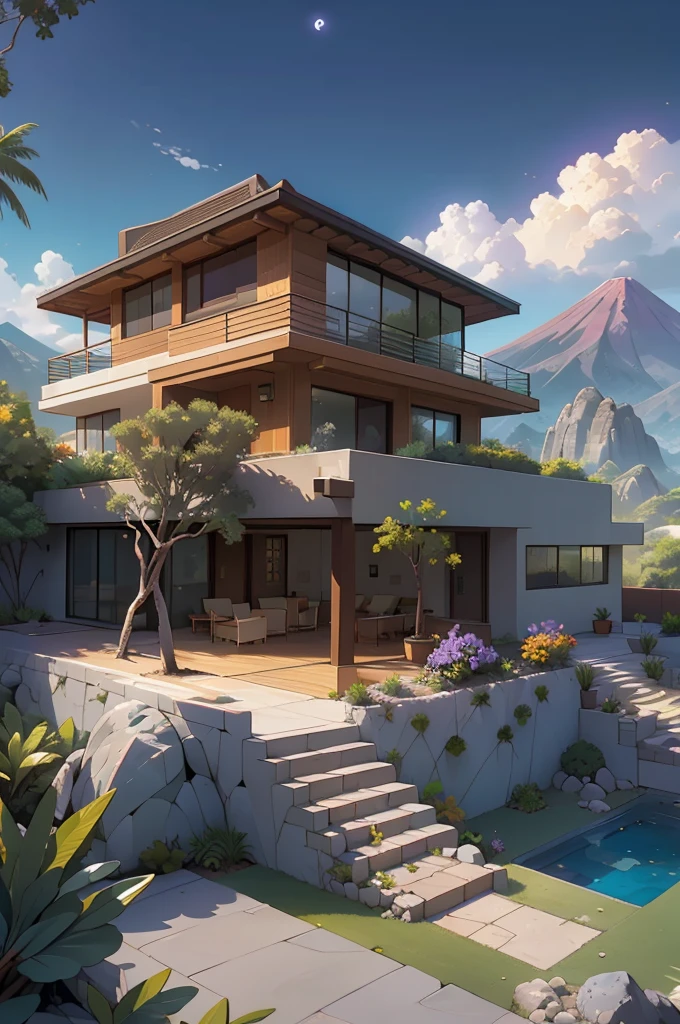 small and beautiful modern house in top of big boulders, terraces, pool, stairs, multiple cacti gardens, palms, trees, rocks, beautiful landscape design, mountains and volcano y background, amazing clouds, sun, moon, planets, milky way galaxy, concrete, wood, glass and steel materials, olive green, violet, orange and withe colors in facade