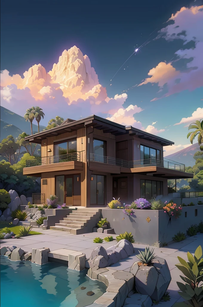 small and beautiful modern house in top of big boulders, terraces, pool, stairs, multiple cacti gardens, palms, trees, rocks, beautiful landscape design, mountains and volcano y background, amazing clouds, sun, moon, planets, milky way galaxy, concrete, wood, glass and steel materials, olive green, violet, orange and withe colors in facade