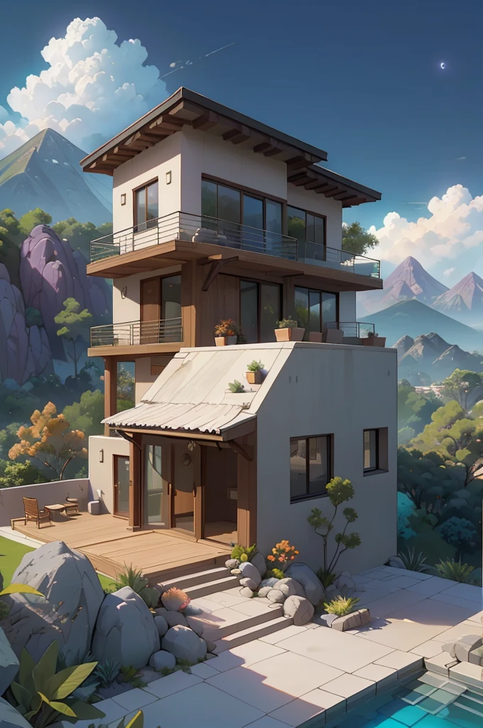 small and beautiful modern house in top of big boulders, terraces, pool, stairs, multiple cacti gardens, palms, trees, rocks, beautiful landscape design, mountains and volcano y background, amazing clouds, sun, moon, planets, milky way galaxy, concrete, wood, glass and steel materials, olive green, violet, orange and withe colors in facade