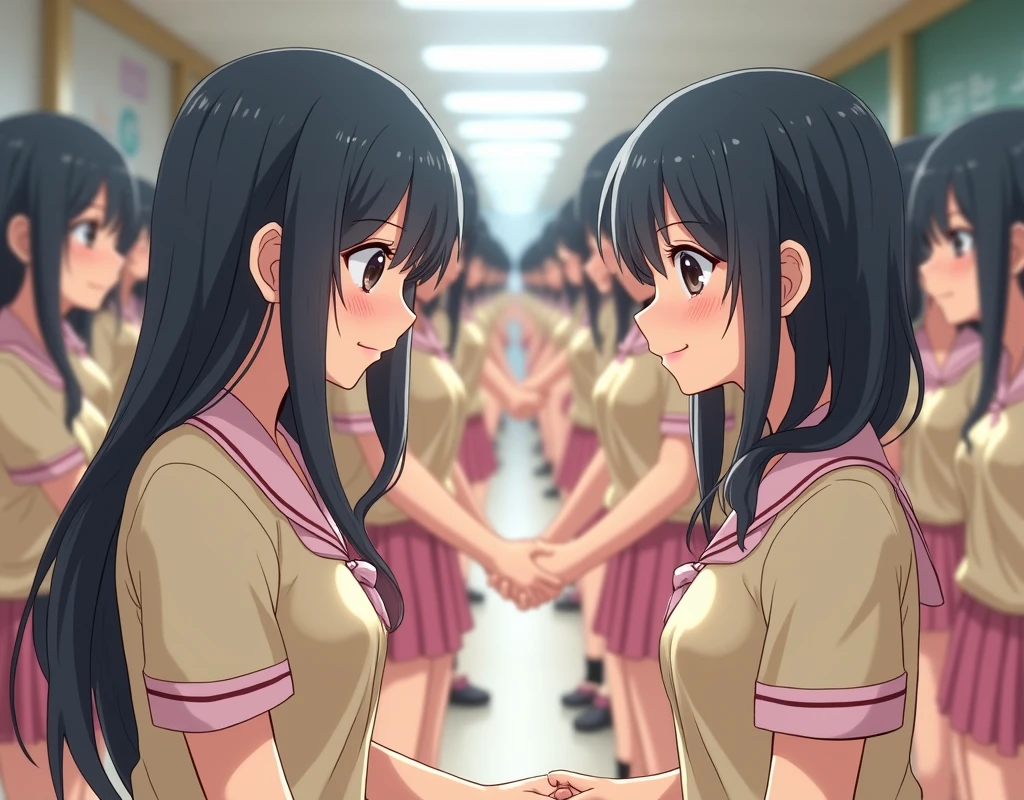 (((((Japanese Clone-girls=Myself))))), (((Super Best Perfect Clone-girls Raw Photography Art))), (((16K, Highest quality, Ultra-high resolution, Real Photography, RAW quality))), (((It's so unrealistic., An astonishing world view, With an unfathomable sight, In an out-of-this-world situation, In a world where Myself Clone-girls are multiplying in large numbers, Ultra-realistic, Delusion))), (((Japanese Girls, hashimoto-kanna, 17yo, Small face, Thick black hair, Semi-long hair, Dark Eyes, Mature face, Cute Smile, Smiling face, A gentle gaze, (((Very happy laughter)))))), (((Very beautiful detailed girls, Accurate body structure, Accurate body movements, Very detailed body, (((Big Breasts, J-Cup)))))), (((Summer Girls' School Uniform, Beige short-sleeved shirt, I can see the cleavage, Big Breasts強調, Pink mini skirt))), ((((((((Very detailed, Myself cloning, Depiction of splitting oneself, 1Myself girl-cloning-1,000,000,000,000,000,000,000,000,000,000Myself clone-girls)))))))), (((((((Very detailed, Myself clone-girls, To the exact, Flawless, The same person portrayal, (((MyselfとFlawless同じ女体, MyselfとFlawless同じ顔, MyselfとFlawless同じ髪形, MyselfとFlawless同じ服, MyselfとFlawless同じ背丈, MyselfとFlawless同じJ-Cup)))))))))), (((((Myself clone-girls only))))), (((((1,000,000,000,000,000,000,000,000,000,000Myself clone-girls))))), (((Very detailed, Extremely crowded, Body-to-body contact with no gaps))), (Bright and soft lighting), (((((Clear and accurate perspective depiction, super wide view, Ultra-wide field of view, Focus on the average value of the image))))), (((((Very detailed depiction, More than a few thousand Myselves, Physical contact, Pleasant conversation, Holding hands, Hug))))), School building, classroom, corridor, Lounge, Atrium Hall, spiral stage, Elevator, gym, School Assembly, after school