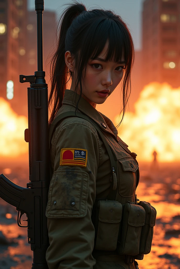 Photo-realistic, ultra-realistic, (very beautiful Japanese, famous Japanese idol:1.3), (Fully equipped for battle:1.5), large assault rifle on her back, (amazing view of multiple explosions:1), (painful impressions, crying:1.3), (wearing an army soldier's Camouflage outfits with military helmet:1.5), (Being blown away by the massive blast:1.5), (at a battle field of Abandoned Building at night), very large breasts, (tactical vest, military harness:1.3), (military long boots:1), dynamic angle, spectacular, (injured:1.3), (muddied, damaged wears, damaged body:1.3),