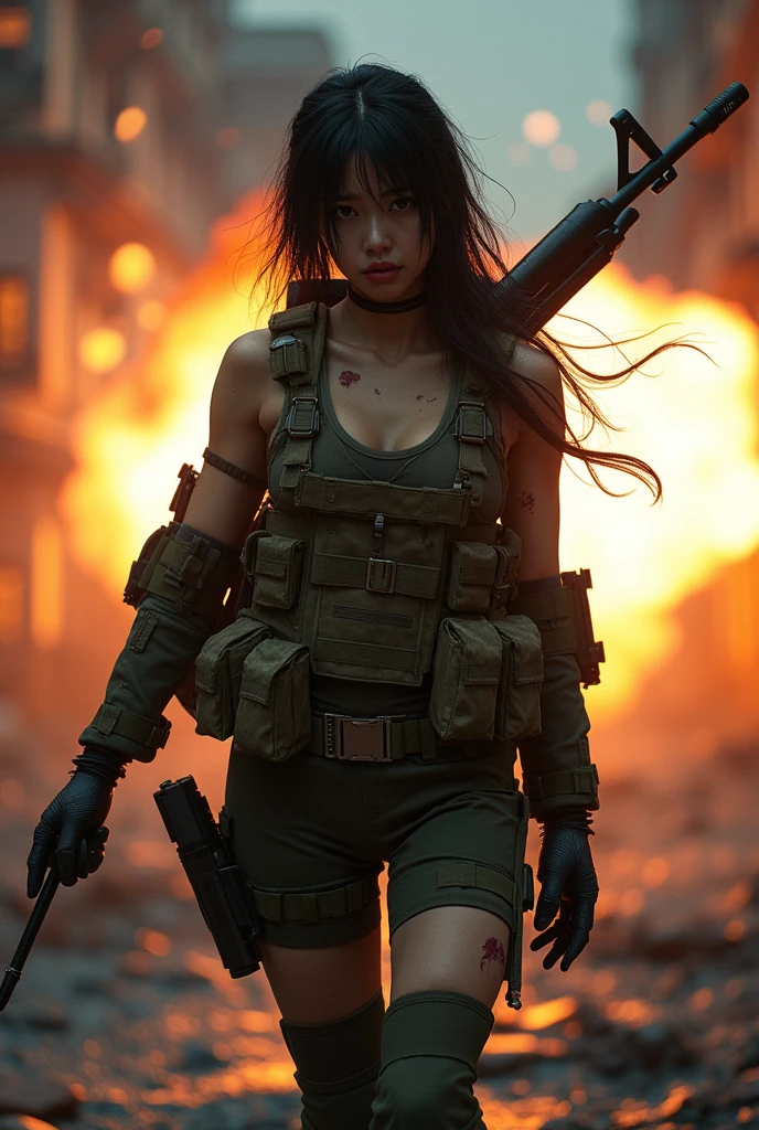 Photo-realistic, ultra-realistic, (very beautiful Japanese, famous Japanese idol:1.3), (Fully equipped for battle:1.5), large assault rifle on her back, (amazing view of multiple explosions:1), (painful impressions, crying:1.3), (wearing an army soldier's Camouflage outfits with military helmet:1.5), (Being blown away by the massive blast:1.5), (at a battle field of Abandoned Building at night), very large breasts, (tactical vest, military harness:1.3), (military long boots:1), dynamic angle, spectacular, (injured:1.3), (muddied, damaged wears, damaged body:1.3),