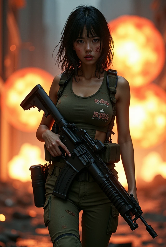 Photo-realistic, ultra-realistic, (very beautiful Japanese, famous Japanese idol:1.3), (Fully equipped for battle:1.5), large assault rifle on her back, (amazing view of multiple explosions:1), (painful impressions, crying:1.3), (wearing an army soldier's Camouflage outfits with military helmet:1.5), (Being blown away by the massive blast:1.5), (at a battle field of Abandoned Building at night), very large breasts, (tactical vest, military harness:1.3), (military long boots:1), dynamic angle, spectacular, (injured:1.3), (muddied, damaged wears, damaged body:1.3),
