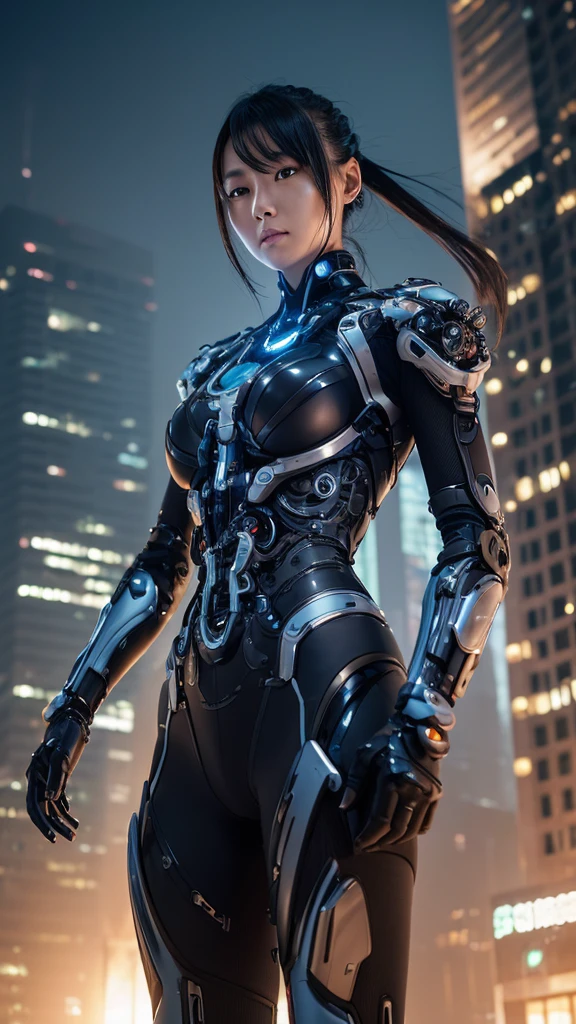 highly sophisticated cyborg, Arms folded in front of the destroyed city, Bionic body with futuristic details. (破壊された街の前で腕を組んだhighly sophisticated cyborg, Bionic body with futuristic details.)