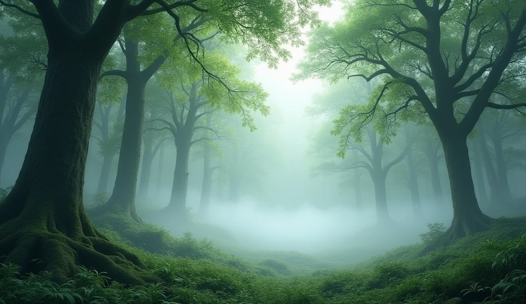 A peaceful forest with morning mist.