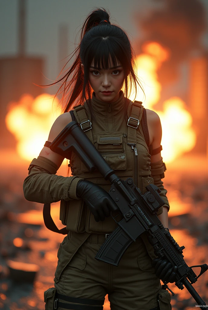 Photo-realistic, ultra-realistic, (very beautiful Japanese, famous Japanese idol:1.3), (Fully equipped for battle:1.5), large assault rifle on her back, (amazing view of multiple explosions:1), (painful impressions, crying:1.3), (wearing an army soldier's Camouflage outfits with military helmet:1.5), (Being blown away by the massive blast:1.5), (at a battle field of Abandoned Building at night), very large breasts, (tactical vest, military harness:1.3), (military long boots:1), dynamic angle, spectacular, (injured:1.3), (muddied, damaged wears, damaged body:1.3),