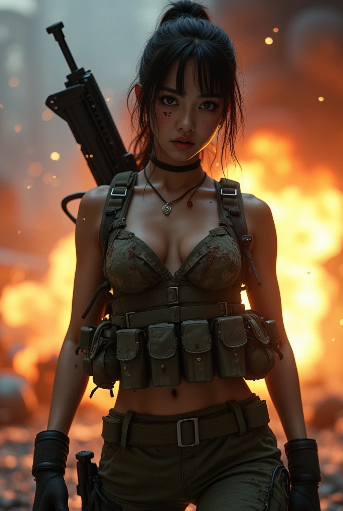 Photo-realistic, ultra-realistic, (very beautiful Japanese, famous Japanese idol:1.3), (Fully equipped for battle:1.5), large assault rifle on her back, (amazing view of multiple explosions:1), (painful impressions, crying:1.3), (wearing an army soldier's Camouflage outfits with military helmet:1.5), (Being blown away by the massive blast:1.5), (at a battle field of Abandoned Building at night), very large breasts, (tactical vest, military harness:1.3), (military long boots:1), dynamic angle, spectacular, (injured:1.3), (muddied, damaged wears, damaged body:1.3),