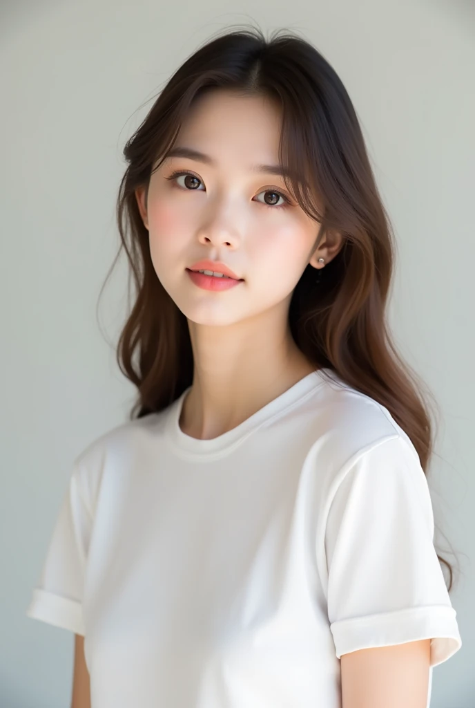 軽めのLayer Styles、human、Transparent woman、young、White T-shirt、Reduces neck volume、Fair-skinned pretty woman、No blunt ends、Layer Styles、Gourd Shape、Body is at an angle、looking at the camera、Tilt your head、Hair that does not curl and reaches below the collarbone、Brown color、Outline of an inverted triangle、Big eyes、Smile a little、Straight hair、high resolution、Classy woman、Pull your chin in