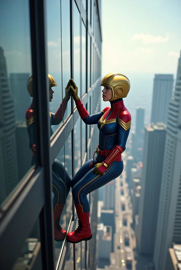 hình ảnh thực tế, siêu anh hùng marvel, captain marvel làm nhân viên lau kính trên một tòa nhà cao tầng, đội mũ màu vàng, tay cầm chổi lau
