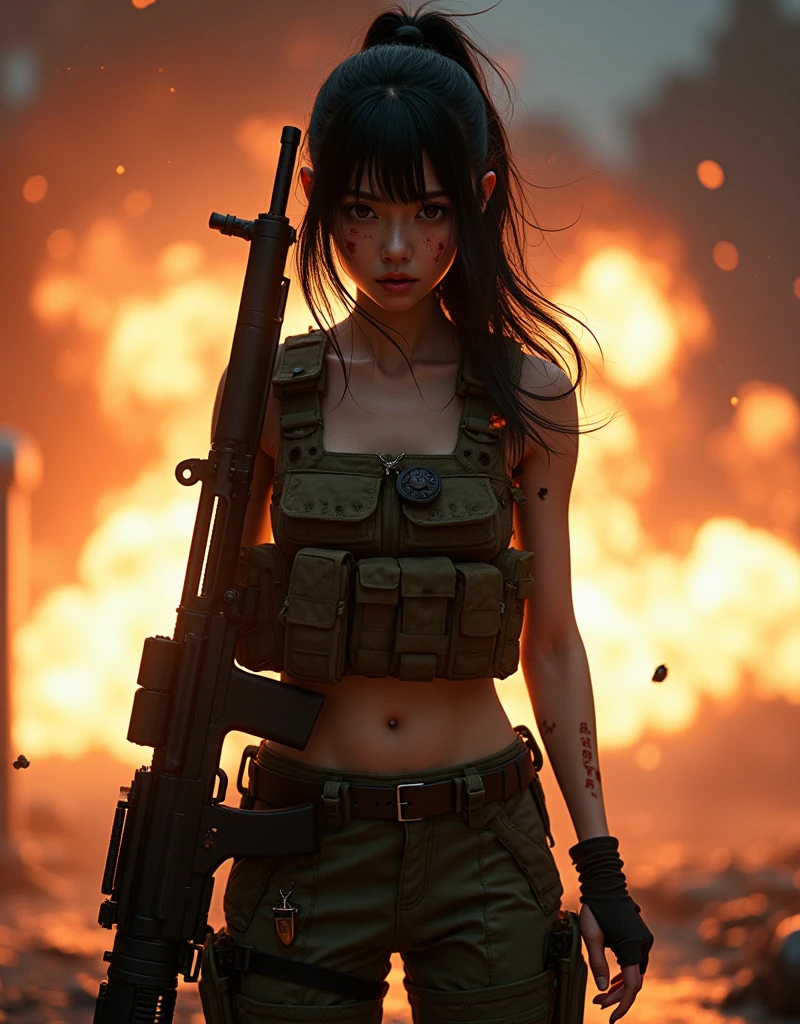 Photo-realistic, ultra-realistic, (very beautiful Japanese, famous Japanese idol:1.3), (Fully equipped for battle:1.5), large ault rifle on her back, (amazing view of multiple explosions:1), (painful impressions, crying:1.3), (wearing an army soldier's Camouflage outfits with military helmet:1.5), (Being blown away by the massive blast:1.5), (at a battle field of Abandoned Building at night), very large bretactical vest, military harness:1.3), (military long boots:1), dynamic angle, spectacular, (injured:1.3), (muddied, damaged wears, damaged body:1.3),